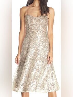 Dress the Population Antonia Sequin Lace Fit & Flare Midi Dress Champagne M NWT